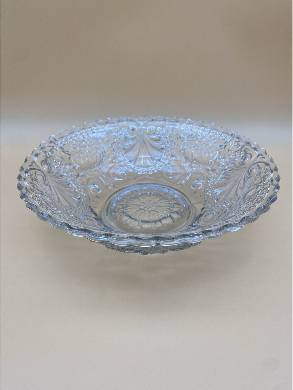 Vintage Clear Glass 9.25" Serving Bowl w/ Floral & Shell Pattern & Scalloped Rim